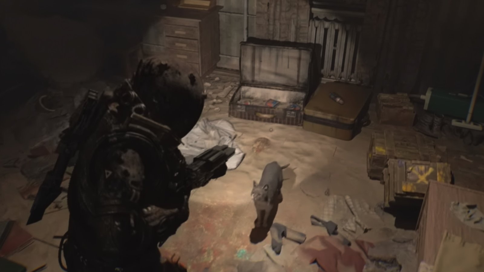 Cronos: The New Dawn screenshot featuring the Traveler looking at seventh Cat, Gus ,inside a room with supplies.