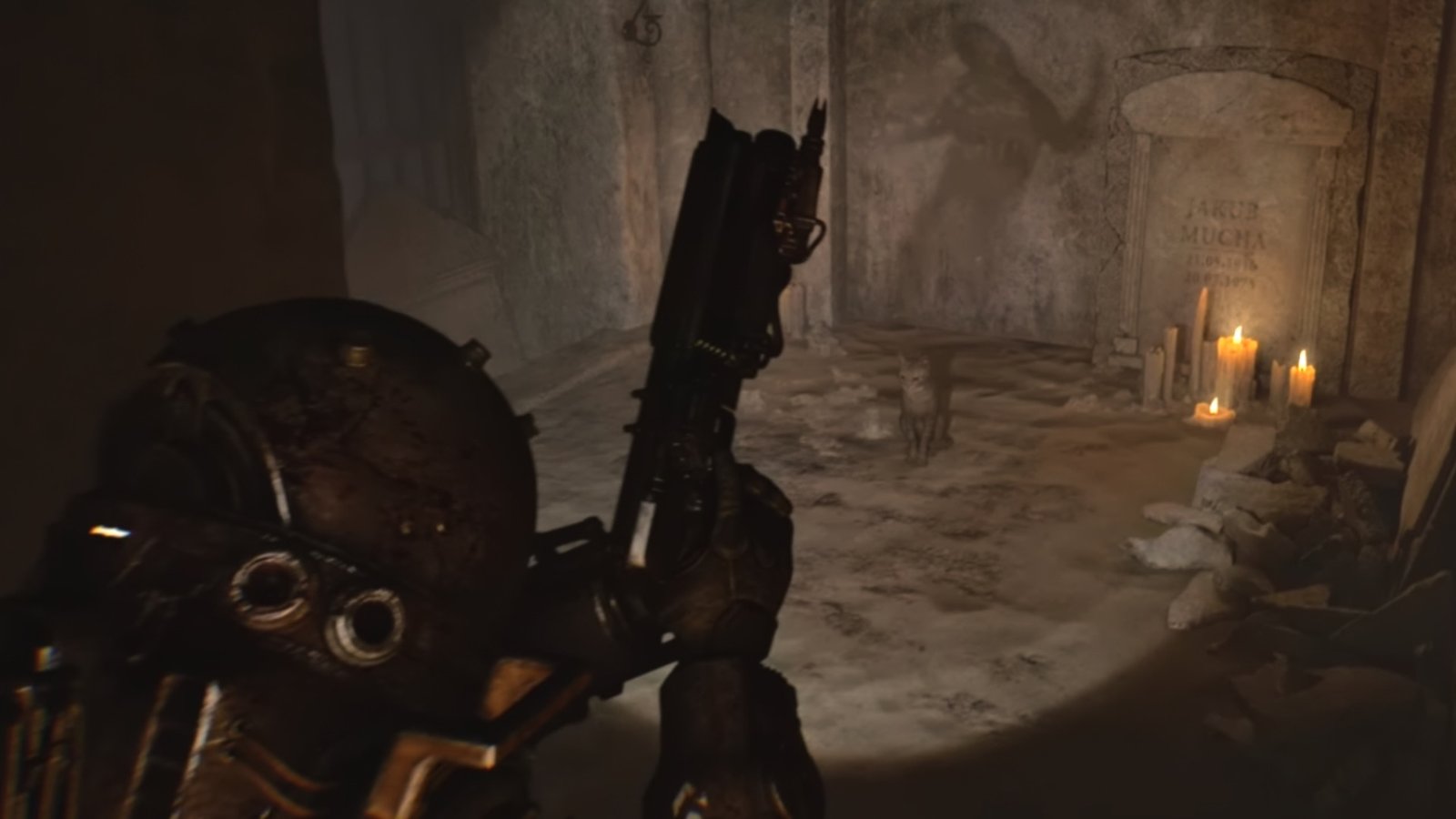 Cronos: The New Dawn screenshot featuring the Traveler looking at the final Cat, Freya, inside an old cemetery.