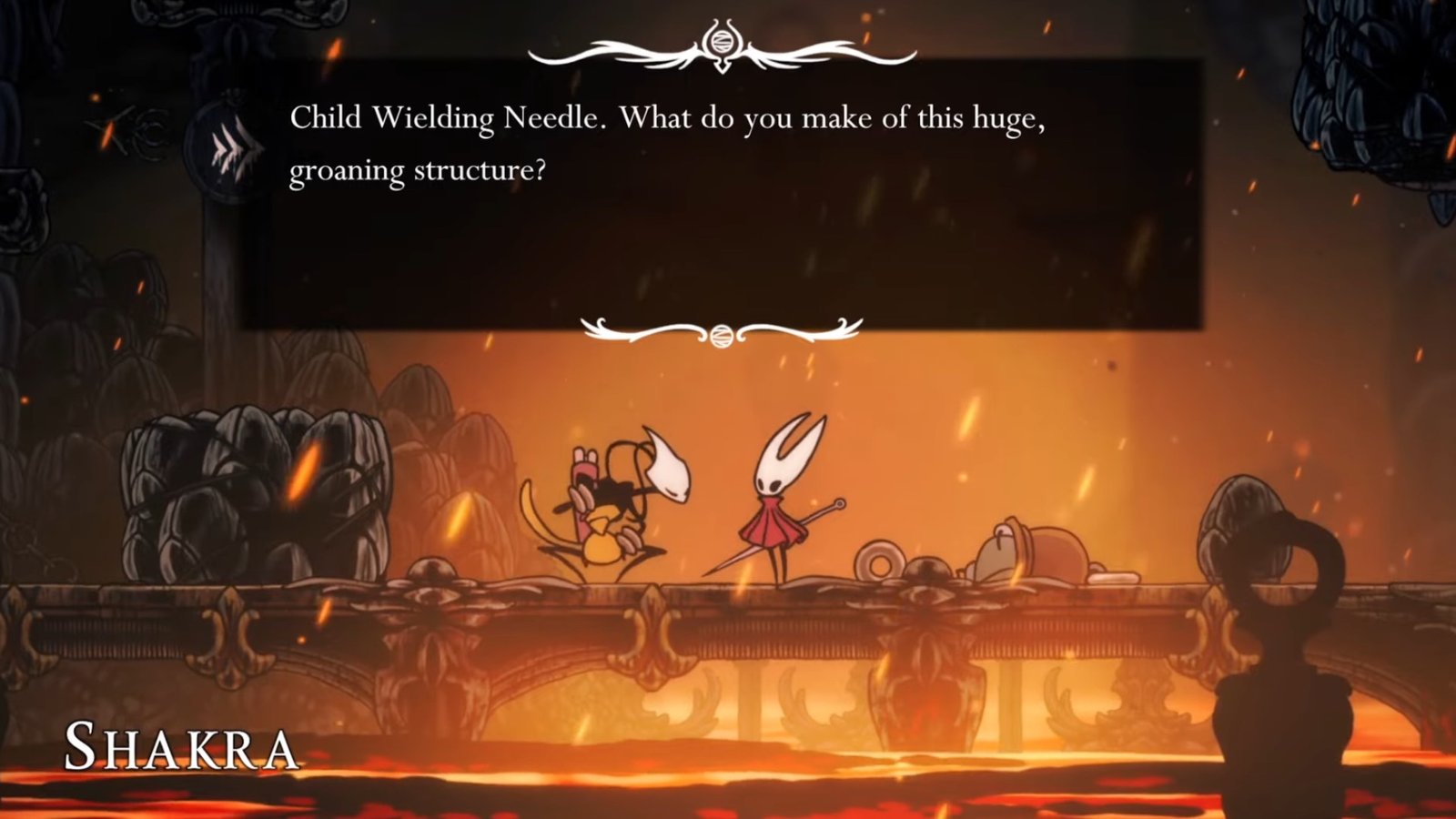 Hollow Knight: Silksong screenshot featuring Hornet meeting Shakra.