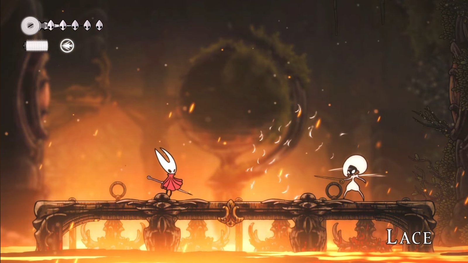 Hollow Knight: Silksong screenshot featuring Hornet fighting Lace.
