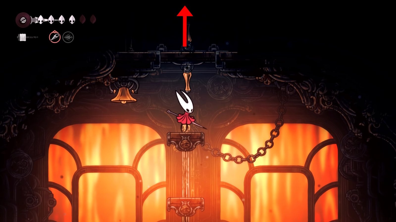 Hollow Knight: Silksong screenshot featuring Hornet at area with waves of enemies, to the top where the levers are located.