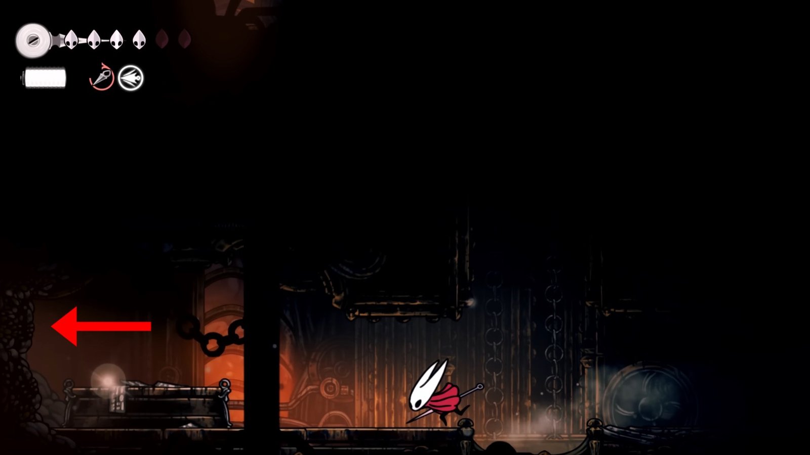 Hollow Knight: Silksong screenshot featuring Hornet heading left towards the Gate Key.