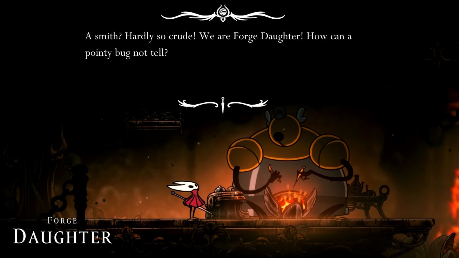 Hollow Knight: Silksong screenshot featuring Hornet with the Forge-Daughter.