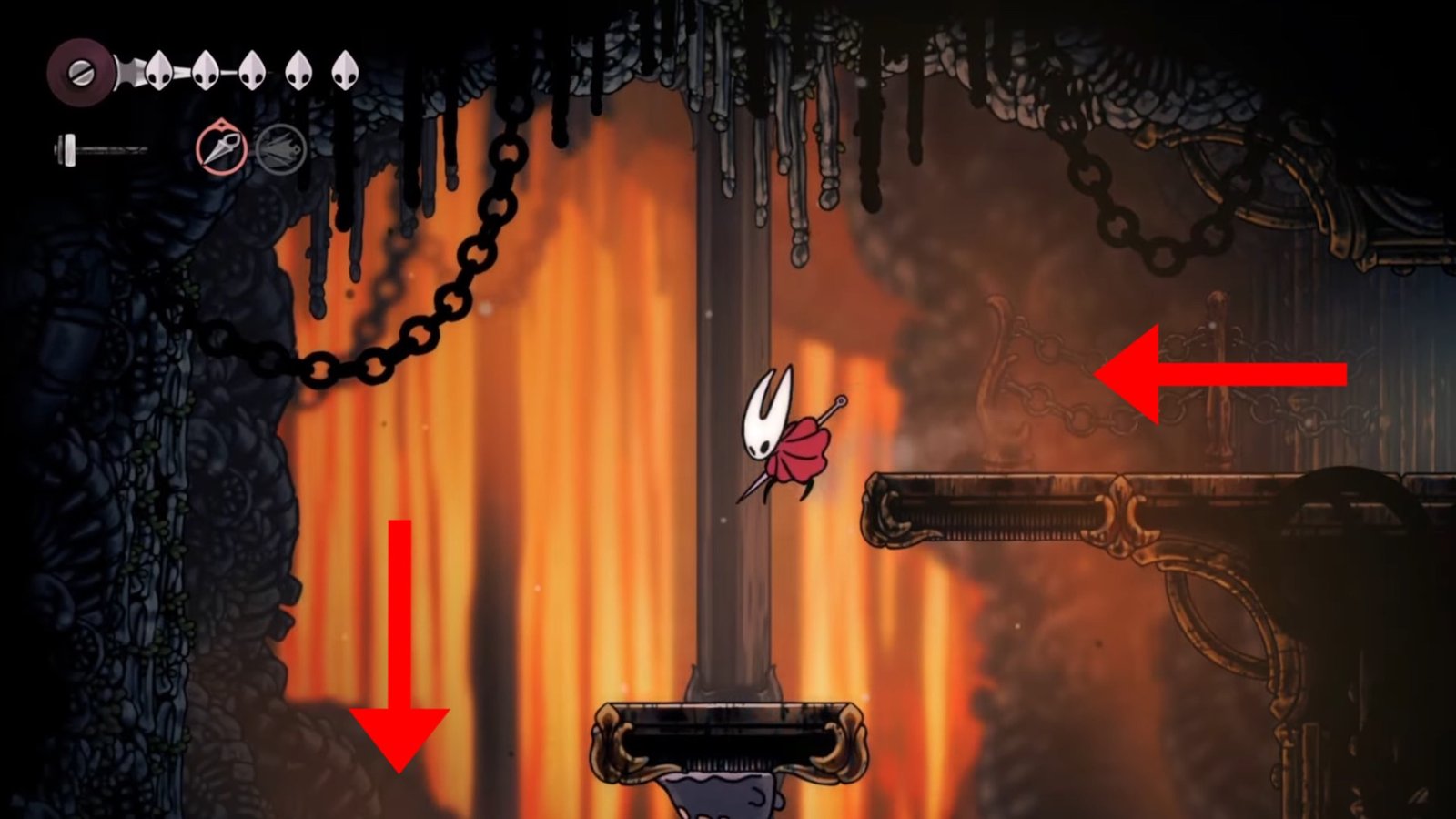 Hollow Knight: Silksong screenshot featuring Hornet jumping down on a platform.
