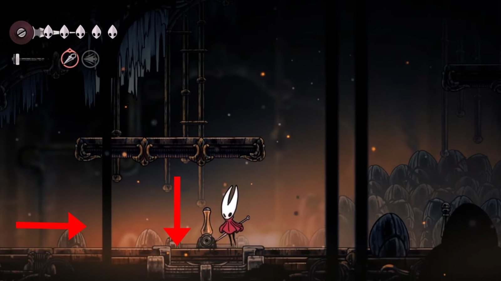 Hollow Knight: Silksong screenshot featuring Hornet at a lever beside the second Bench icon.