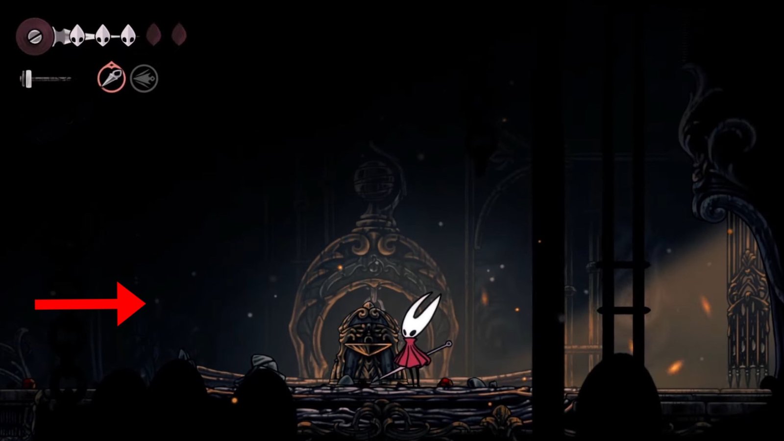 Hollow Knight: Silksong screenshot featuring Hornet at the first Bench.