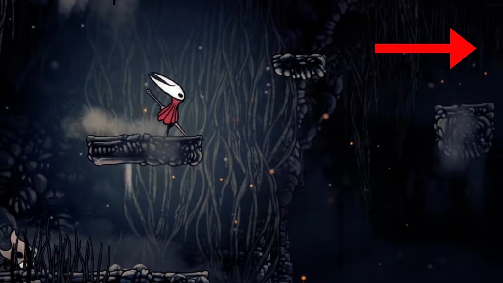 Hollow Knight: Silksong screenshot featuring Hornet on a platform inisde the Marrow, heading right.