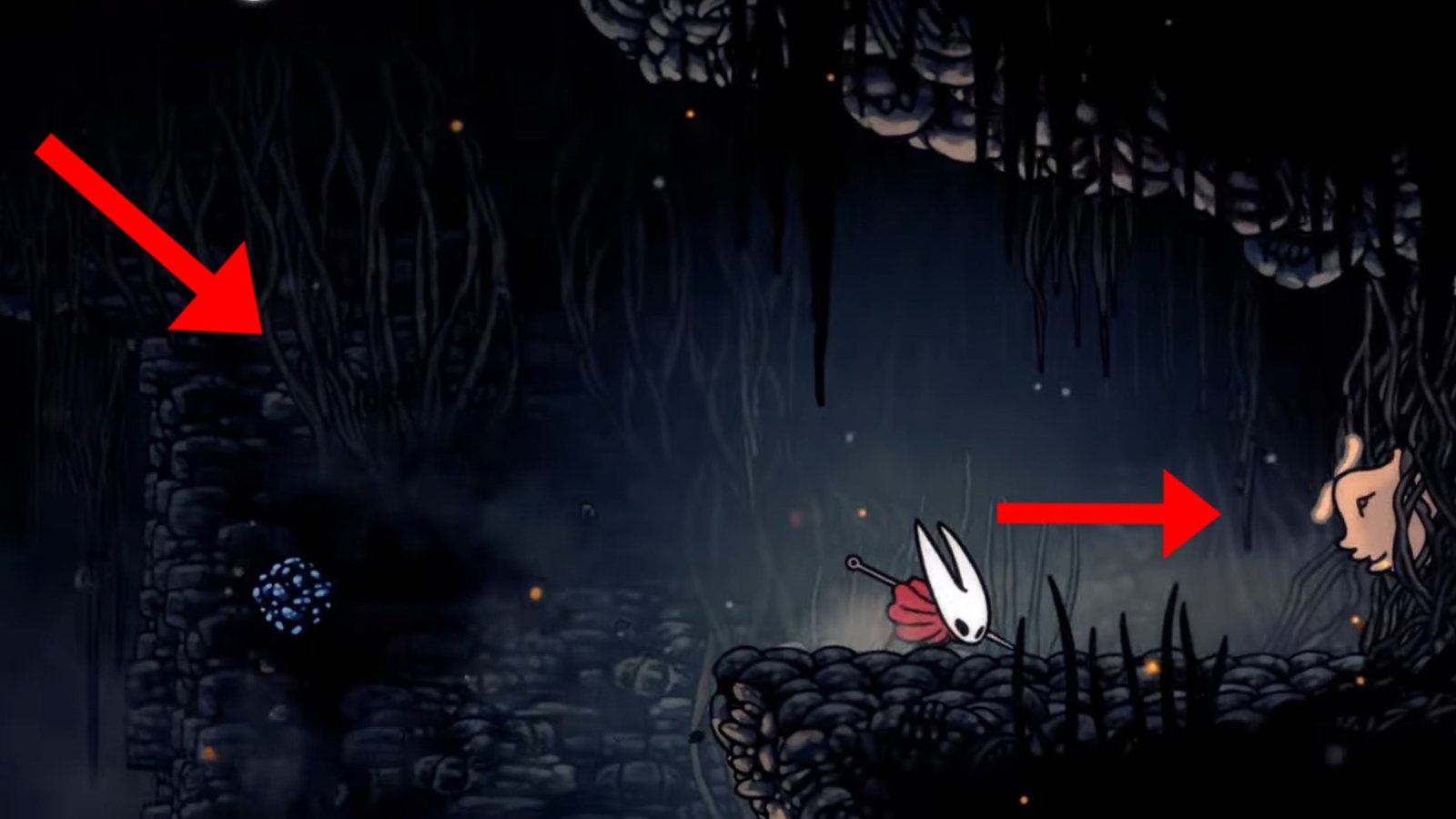 Hollow Knight: Silksong screenshot featuring Hornet on a at the first Lost Flea on the wall.