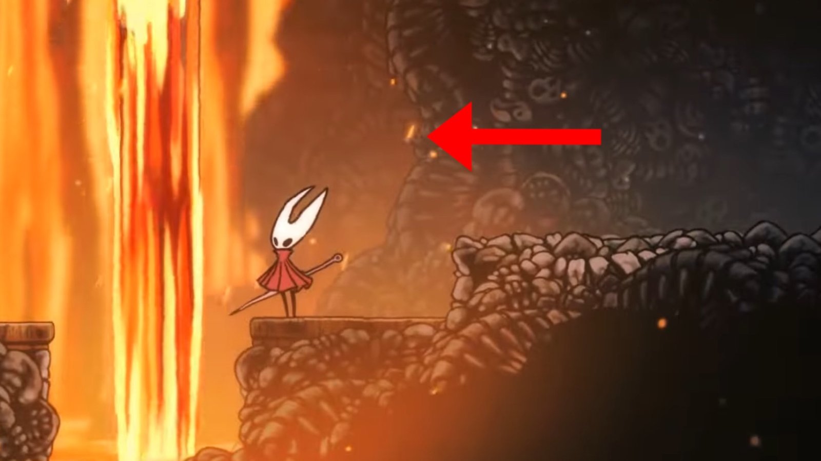 Hollow Knight: Silksong screenshot featuring Hornet near the lava waterfall.