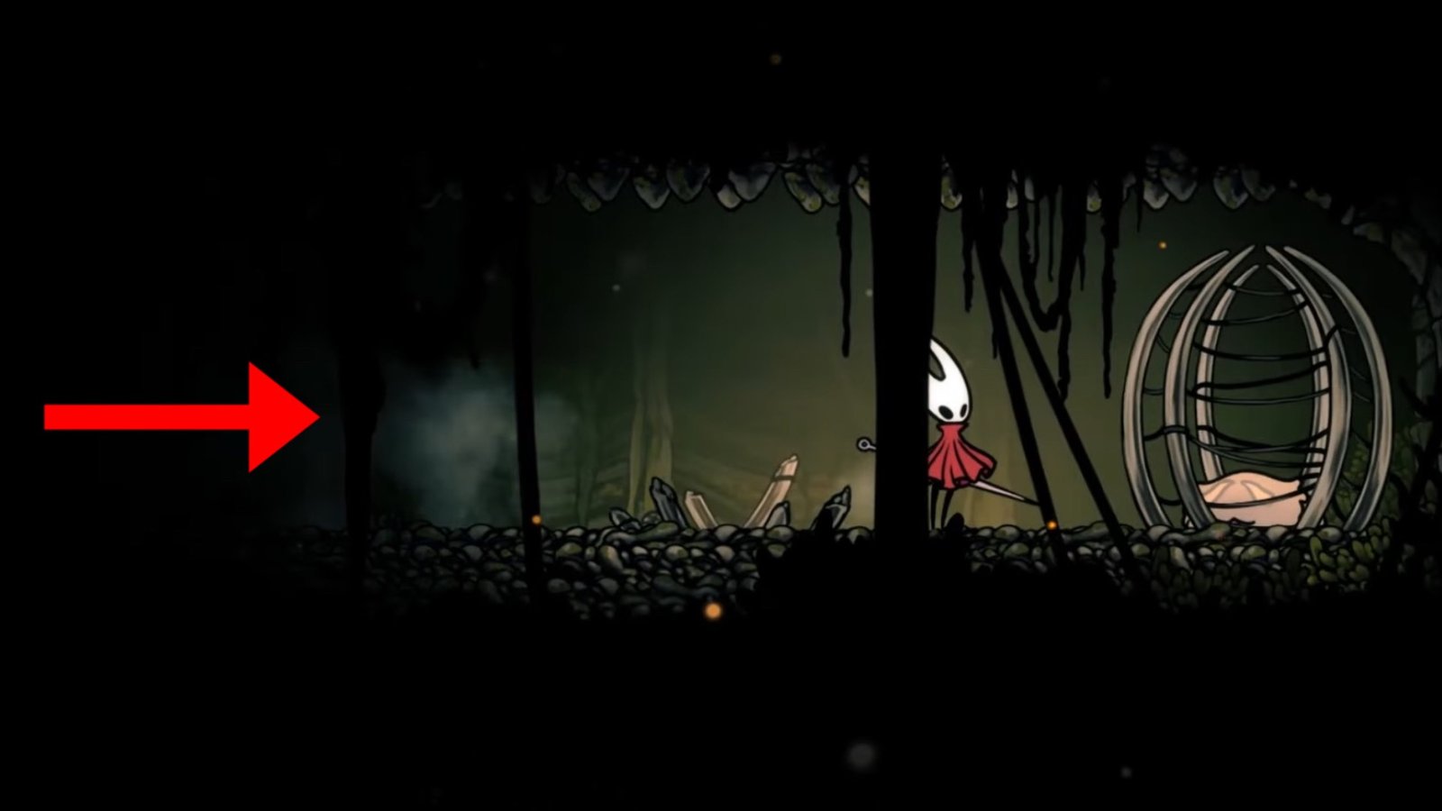 Hollow Knight: Silksong screenshot featuring Hornet at the fourth Lost Flea inside a cage.