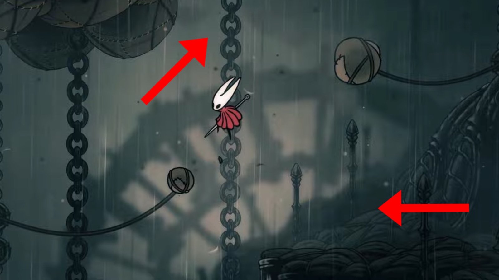 Hollow Knight: Silksong screenshot featuring Hornet Pogo Jumping off of bouncing ball-shaped platforms.