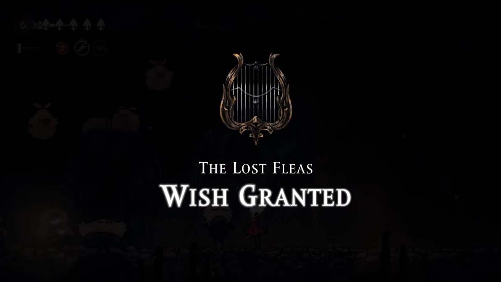 Hollow Knight: Silksong screenshot featuring the Lost Fleas Questline completion.