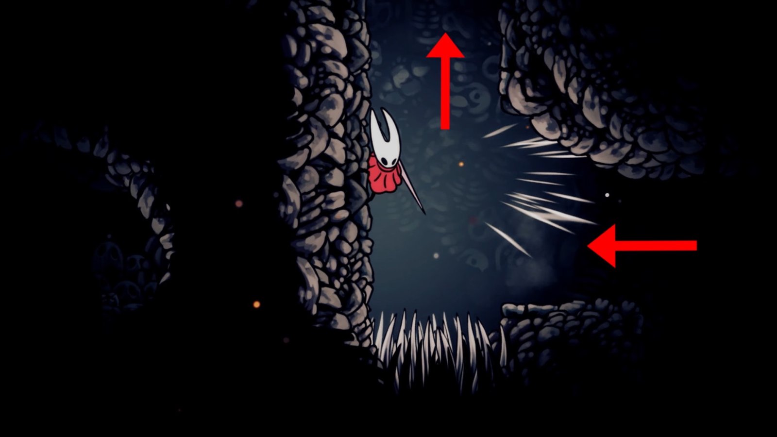 Hollow Knight: Silksong screenshot featuring Hornet on a wall avoiding spikes.