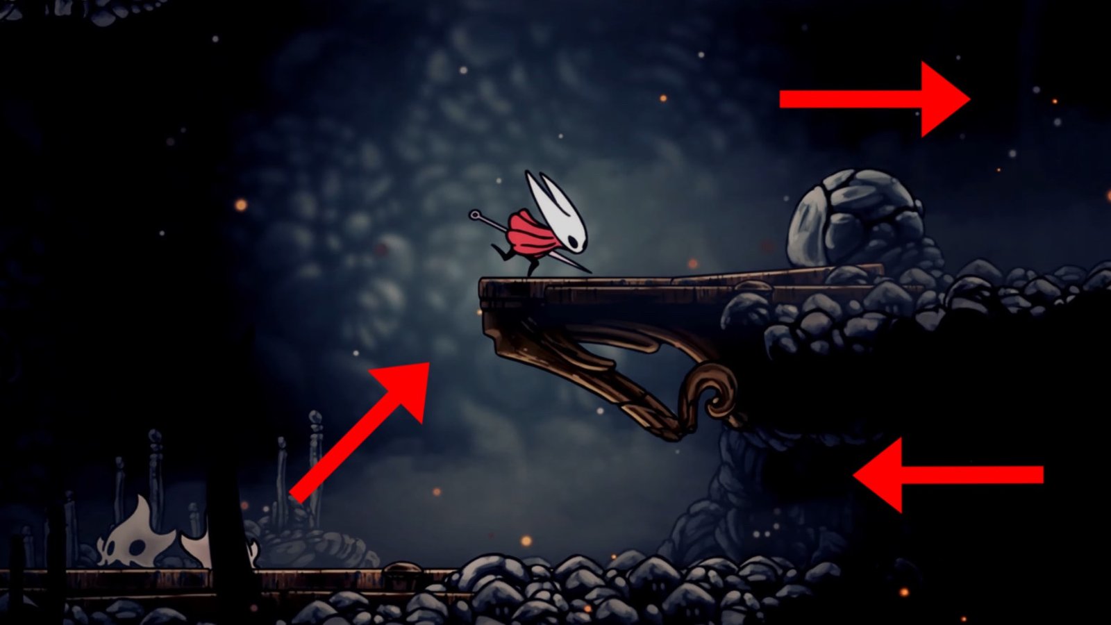 Hollow Knight: Silksong screenshot featuring Hornet on a platform, heading right to the Skull Tyrant Boss.