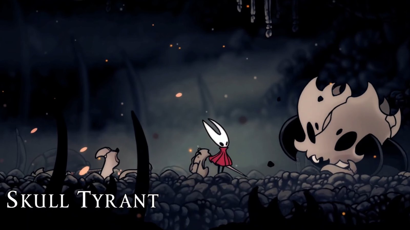 Hollow Knight: Silksong screenshot featuring Hornet at the Skull Tyrant Boss fight, the Terrible Tyrant.