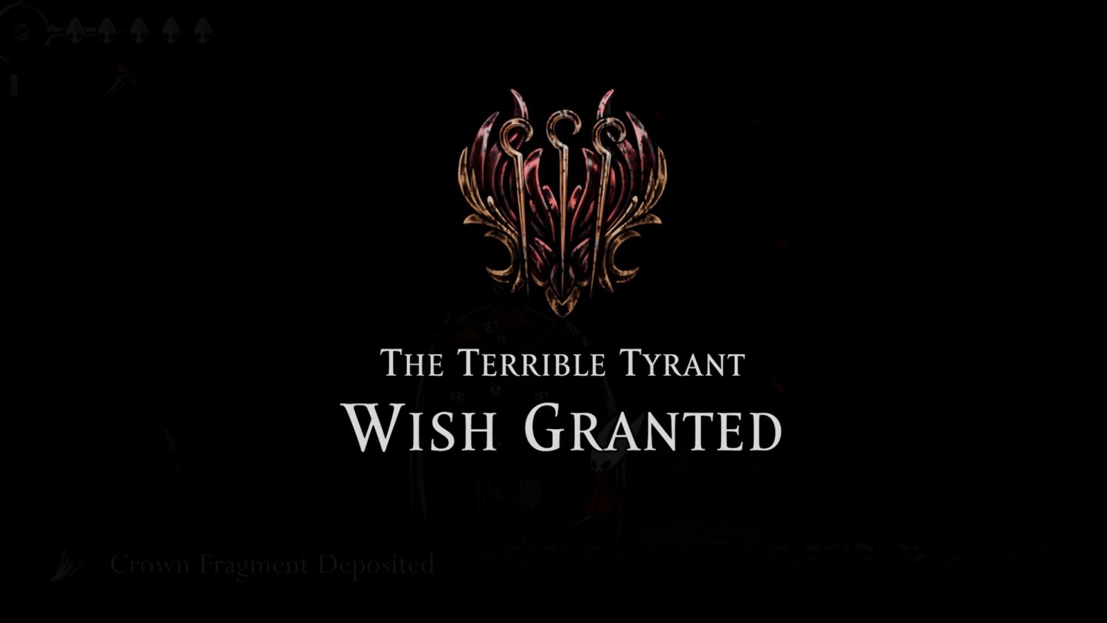 Hollow Knight: Silksong screenshot featuring the Terrible Tyrant Quest completion screen.