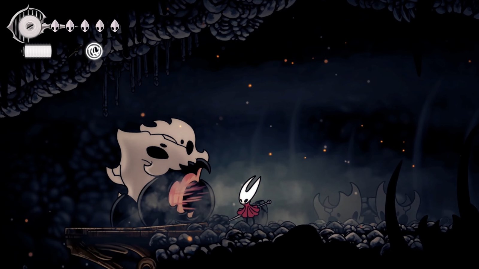 Hollow Knight: Silksong screenshot featuring the Skull Tyrant Boss screaming at Hornet.