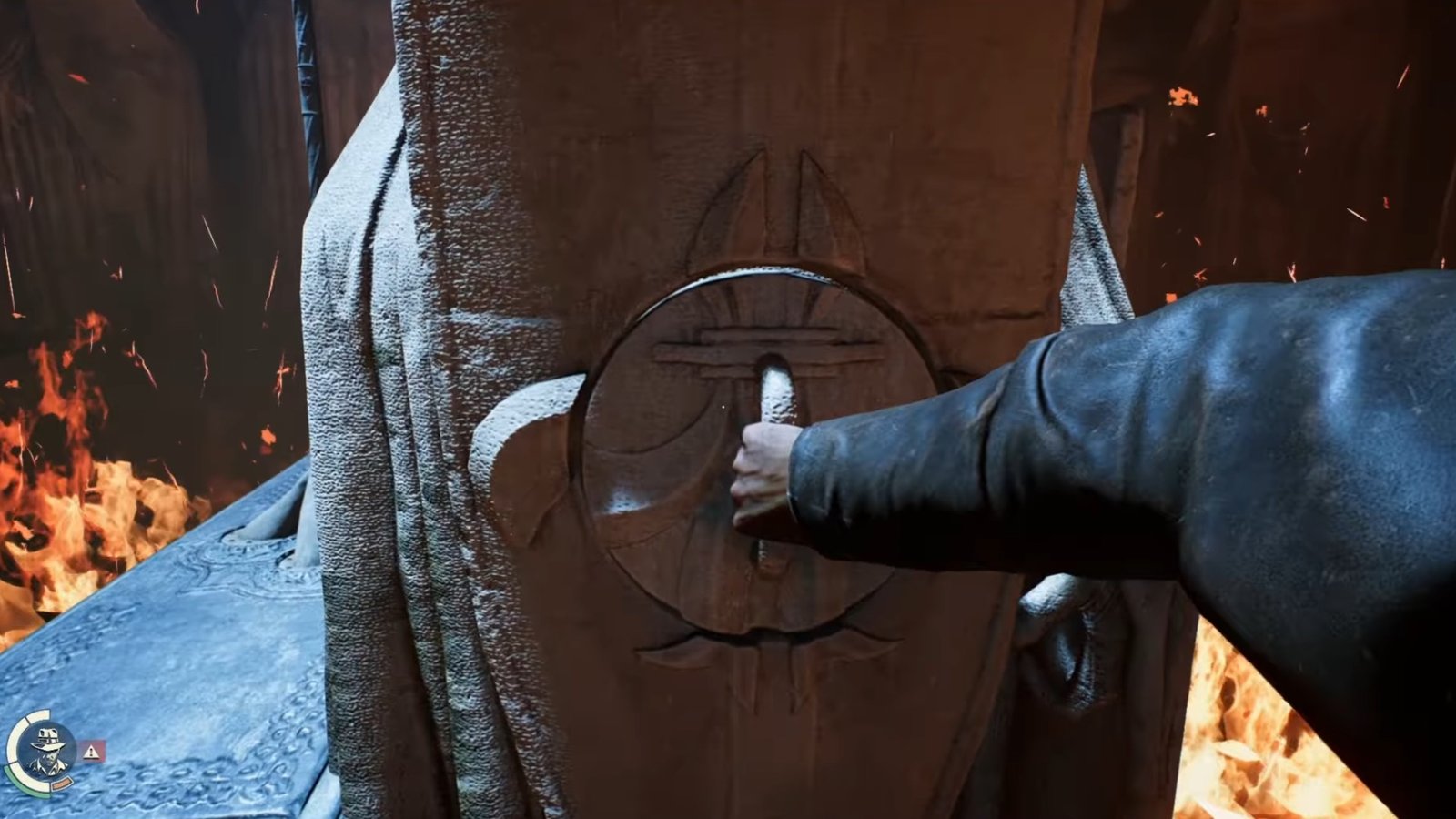 Indiana Jones and the Order of Giants featuring Indy turning the stone knight shields.