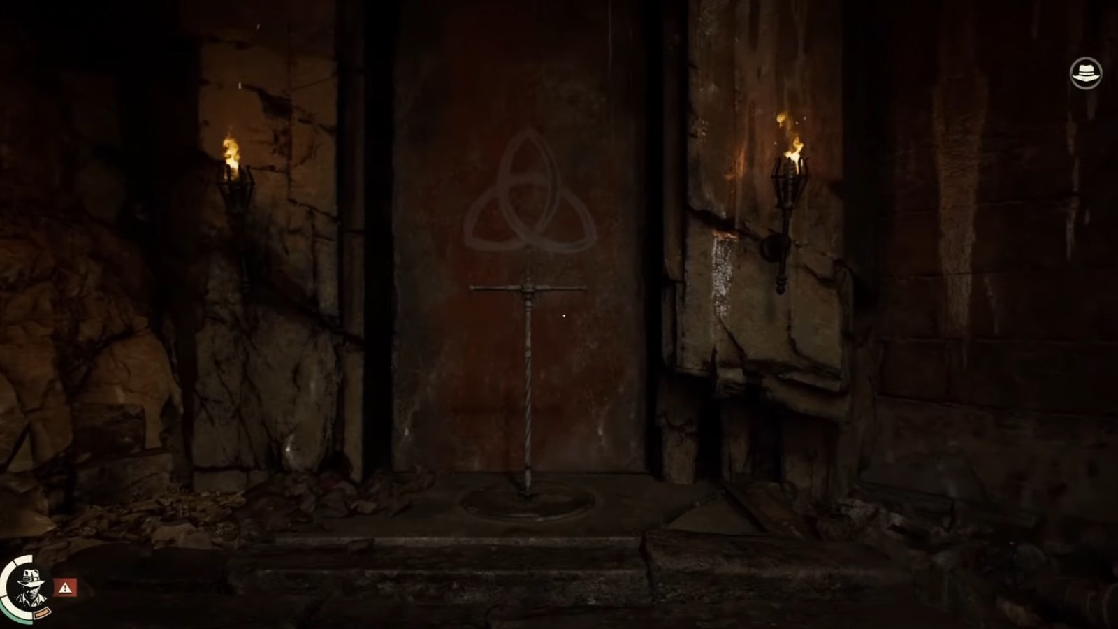 Indiana Jones and the Order of Giants screenshot featuring the wall with the Trinity Symbol.