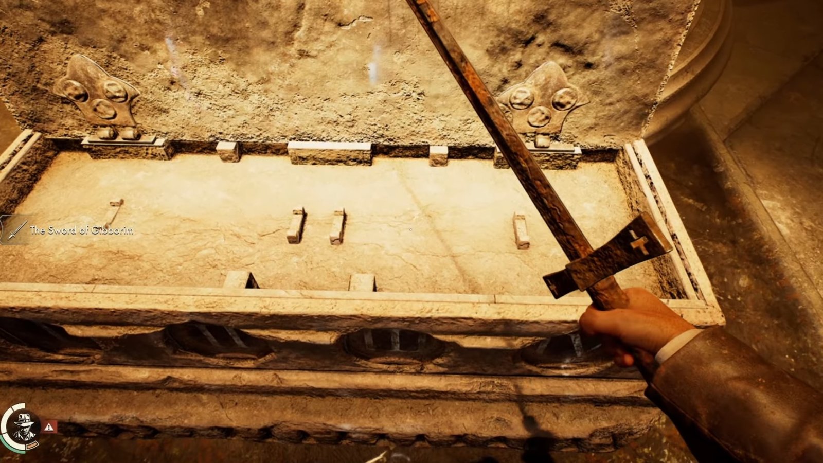 Indiana Jones and the Order of Giants screenshot featuring the opened Tomb of Gibborim with Indy carrying the Sword of Gibborim.