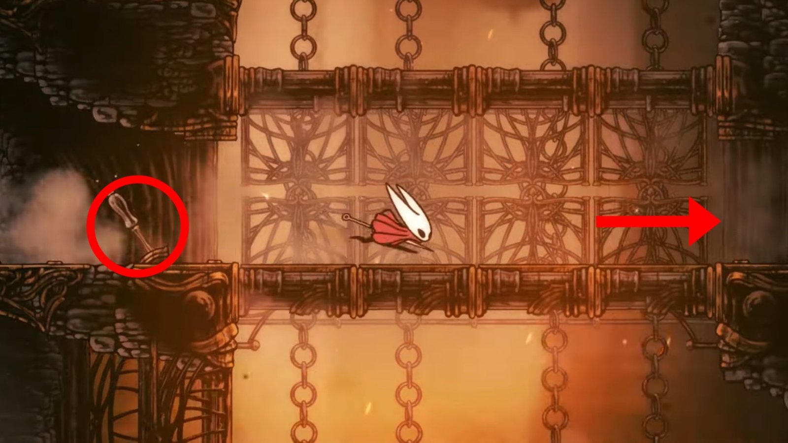Hollow Knight: Silksong screenshot featuring Hornet heading right by a lever.