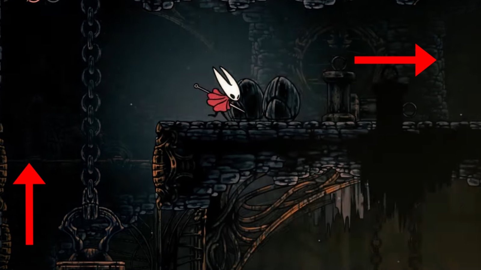 Hollow Knight: Silksong screenshot featuring Hornet heading right by some rocks, up a platform.