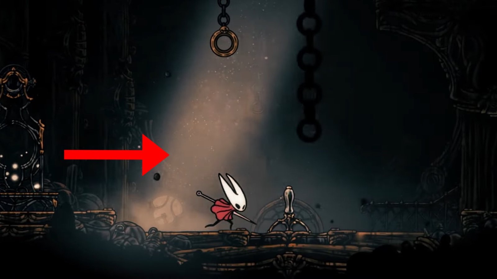 Hollow Knight: Silksong screenshot featuring Hornet heading right beside a Bench, towards a lever.