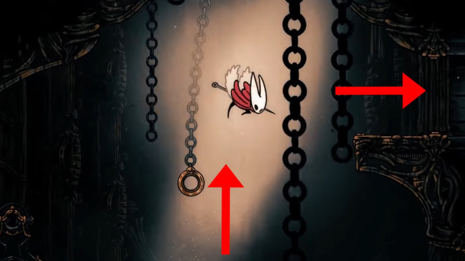 Hollow Knight: Silksong screenshot featuring Hornet jumping on chains.