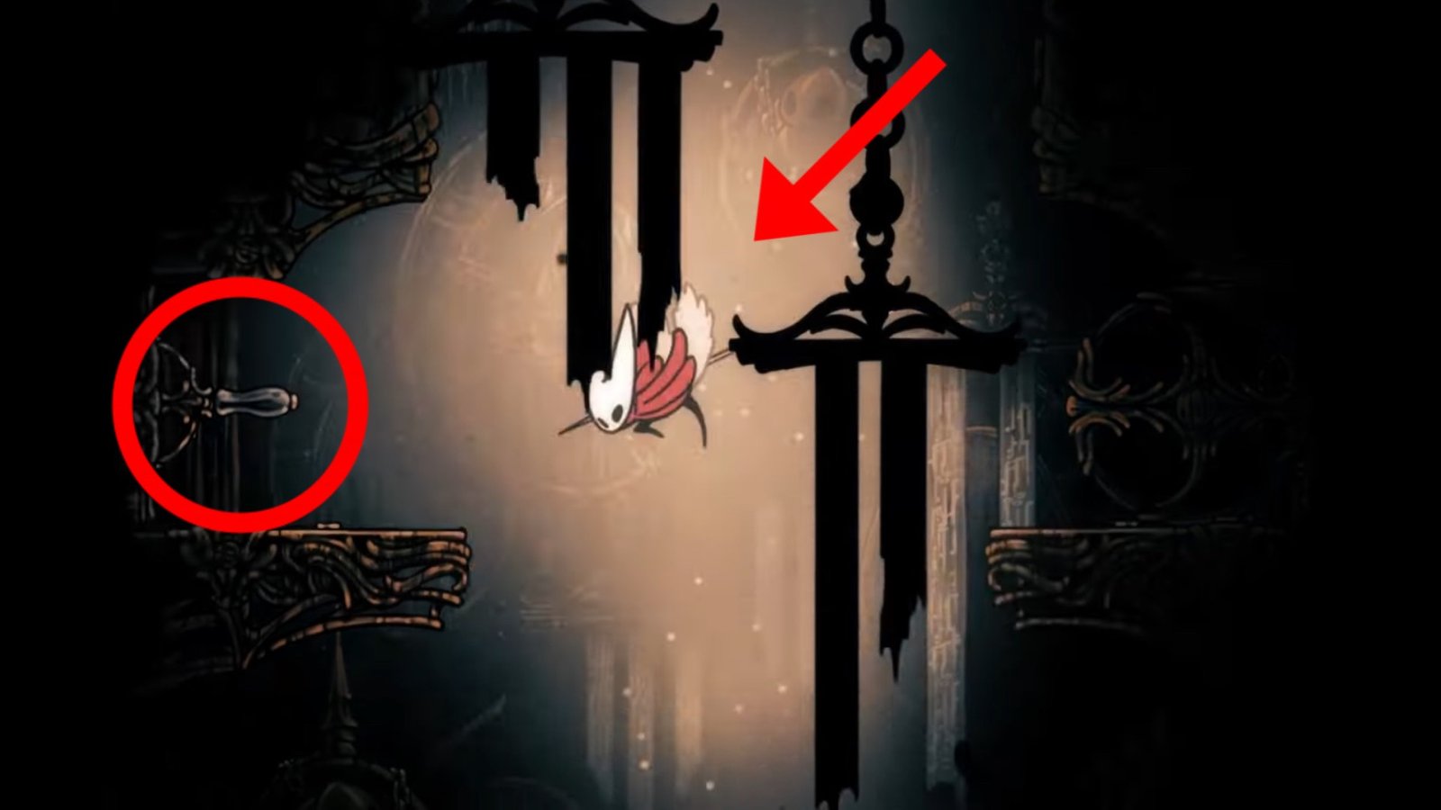 Hollow Knight: Silksong screenshot featuring Hornet at heading towards a lever on the left.