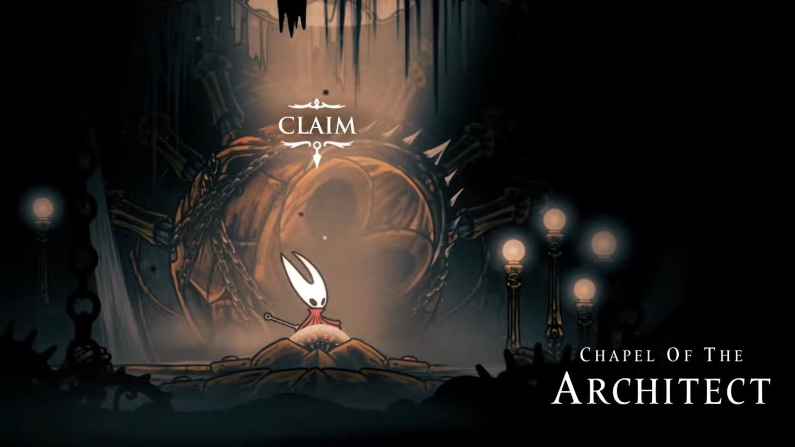 Hollow Knight: Silksong screenshot featuring Hornet inside the Chapel of the Architect.