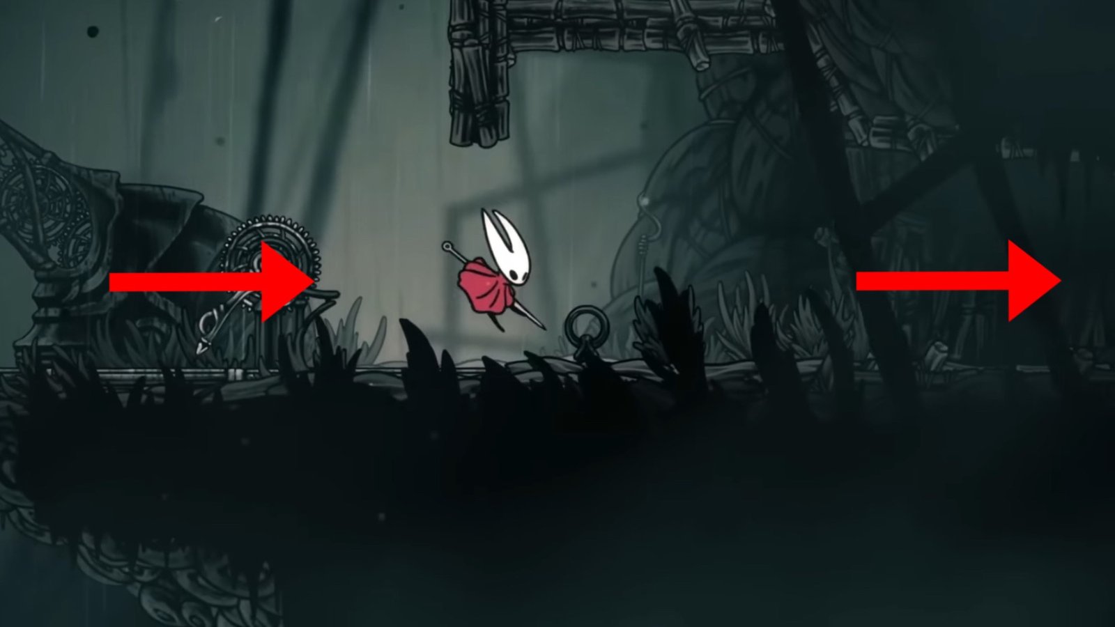 Hollow Knight: Silksong screenshot featuring Hornet heading right at the Greymoor.