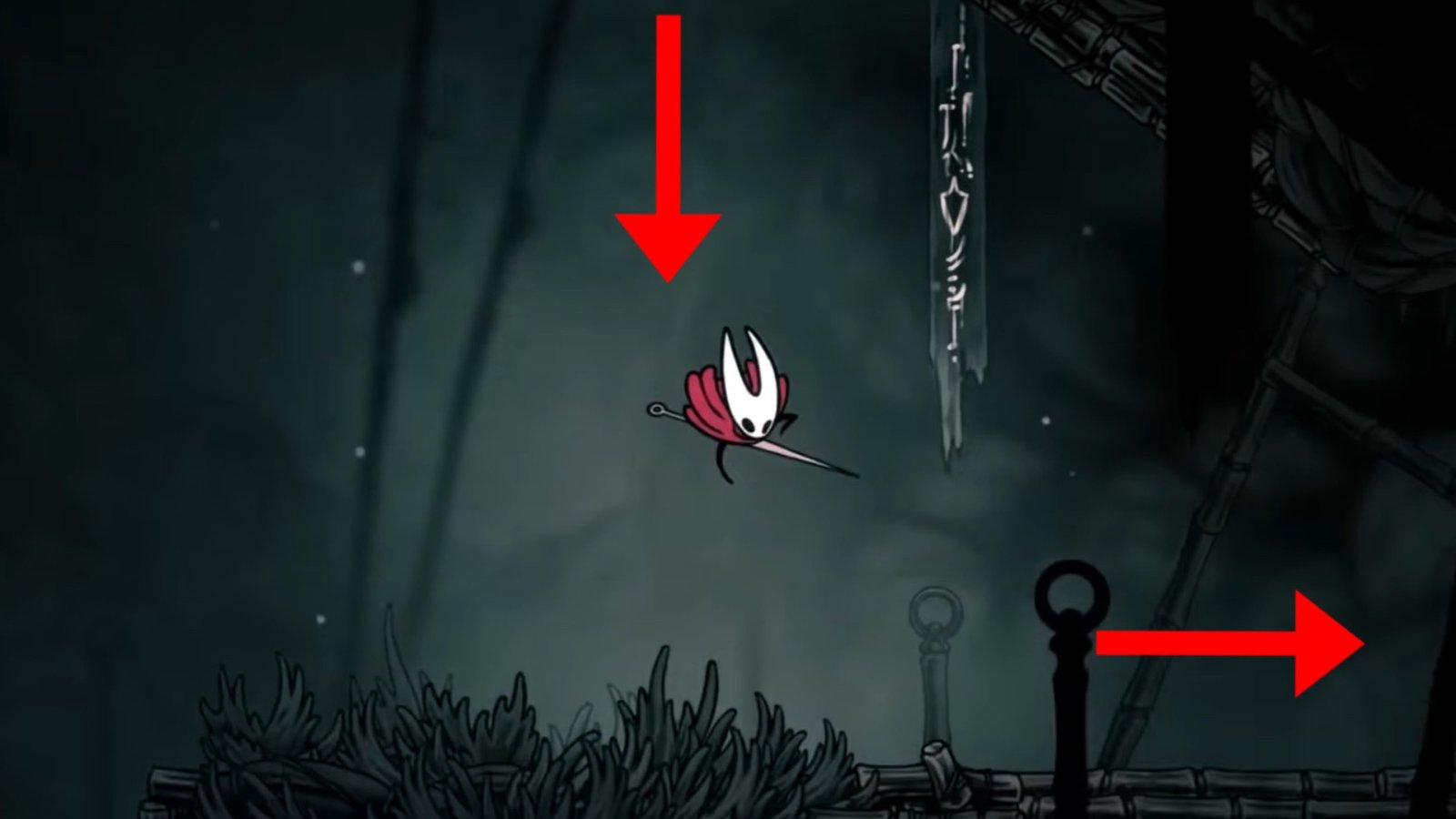 Hollow Knight: Silksong screenshot featuring Hornet heading right towards Craw Lake.