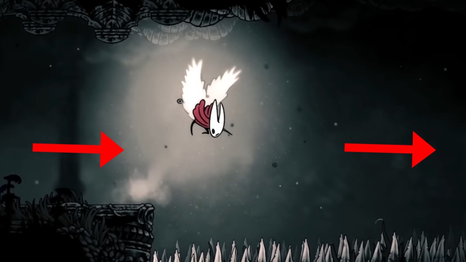 Hollow Knight: Silksong screenshot featuring Hornet avoiding spikes with her wings.
