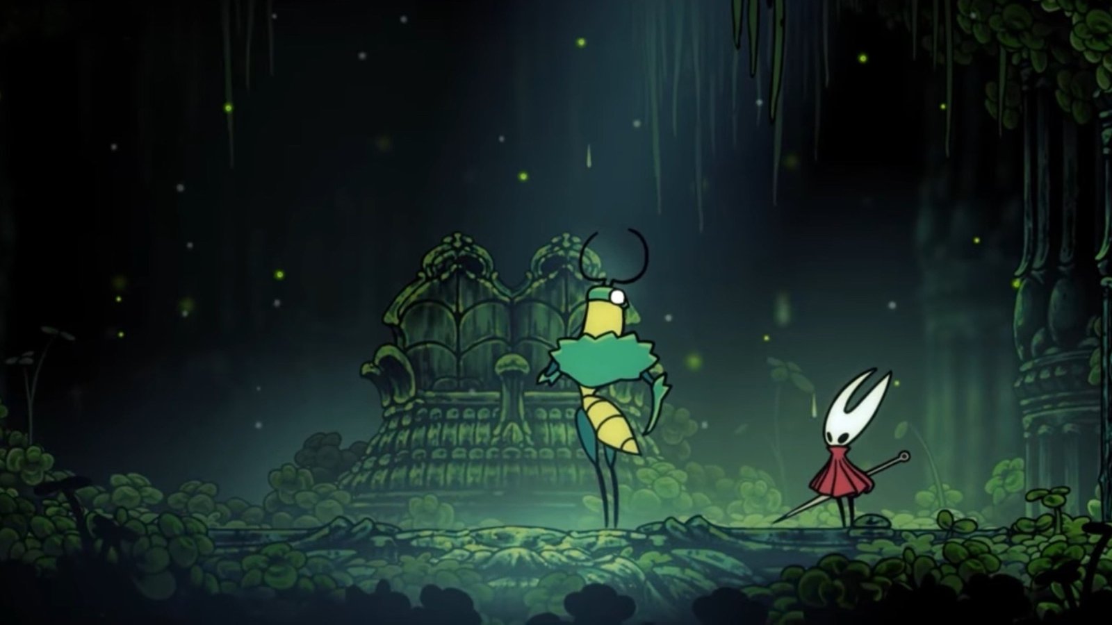 Hollow Knight: Silksong screenshot featuring Hornet with the Green Prince at his home.