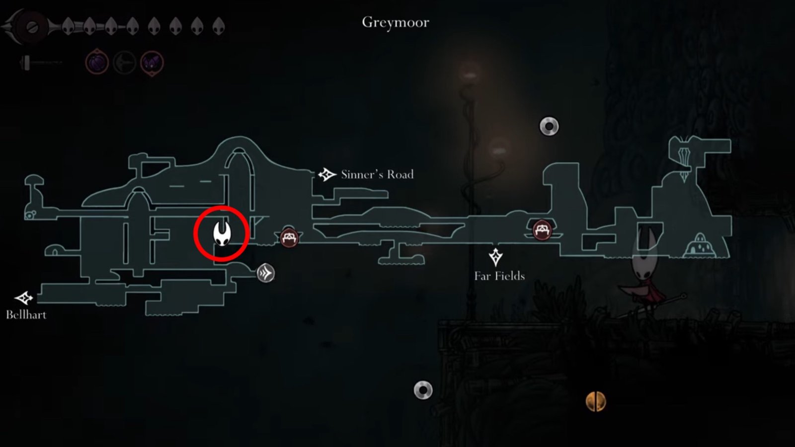 Hollow Knight: Silksong screenshot featuring the Greymoor Map.