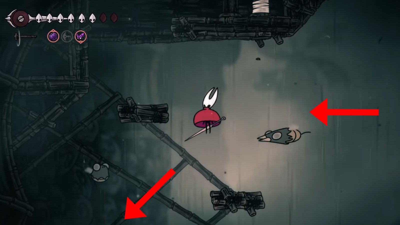 Hollow Knight: Silksong screenshot featuring Hornet gliding across Greymoor.