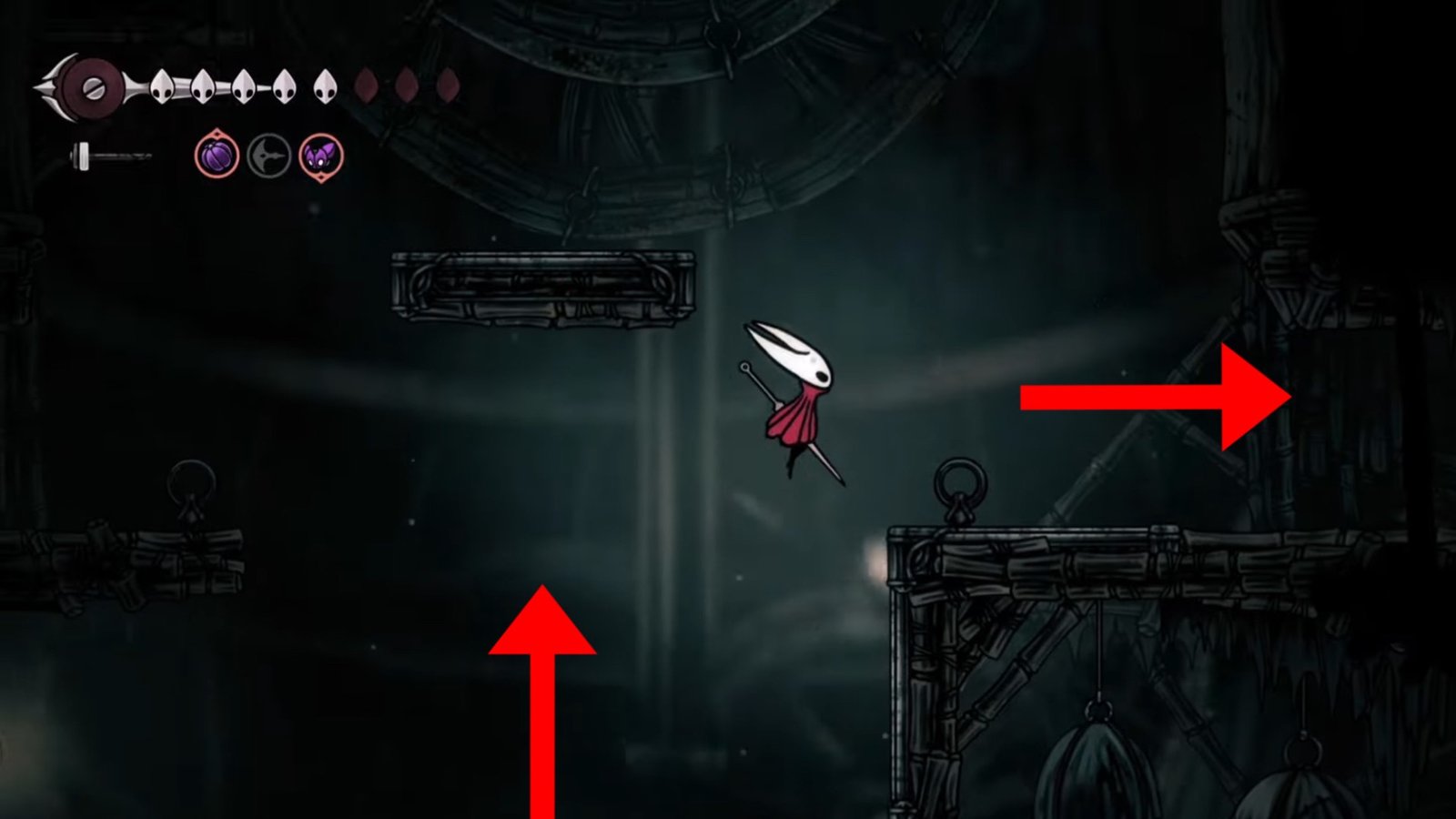 Hollow Knight: Silksong screenshot featuring Hornet jumping right to the next area on a platfrom.
