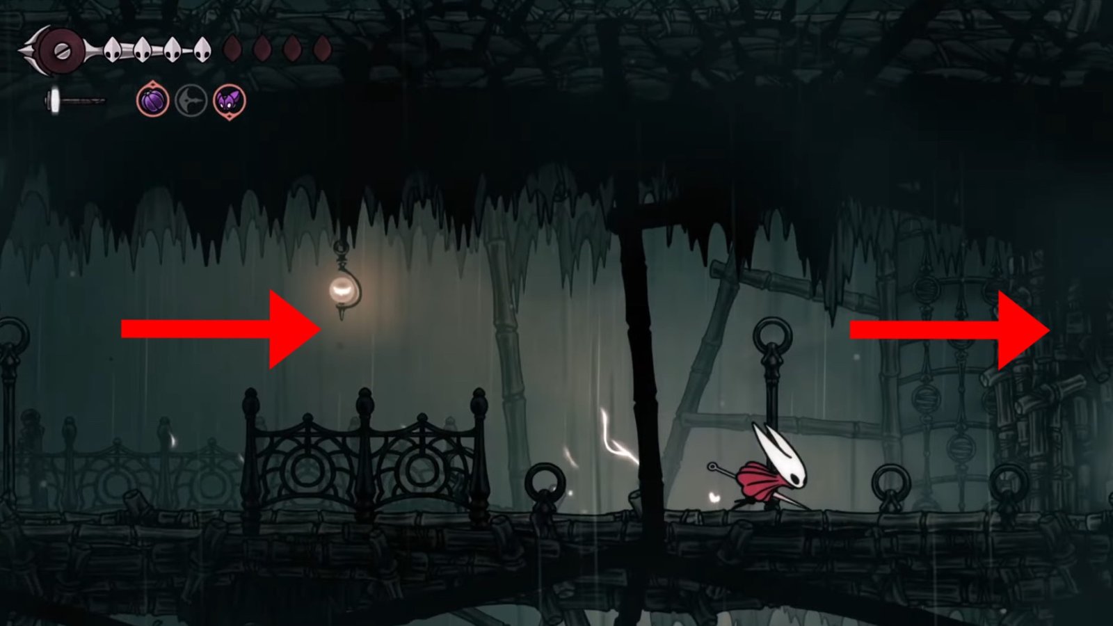 Hollow Knight: Silksong screenshot featuring Hornet heading right down a long pathway.