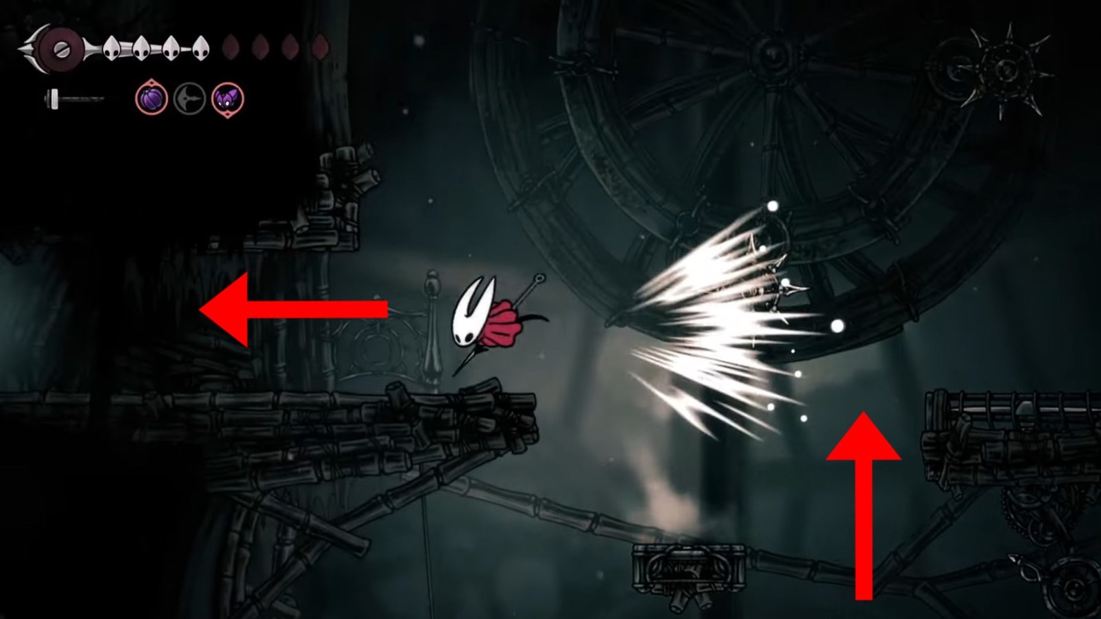 Hollow Knight: Silksong screenshot featuring Hornet dashing left from the air vents.