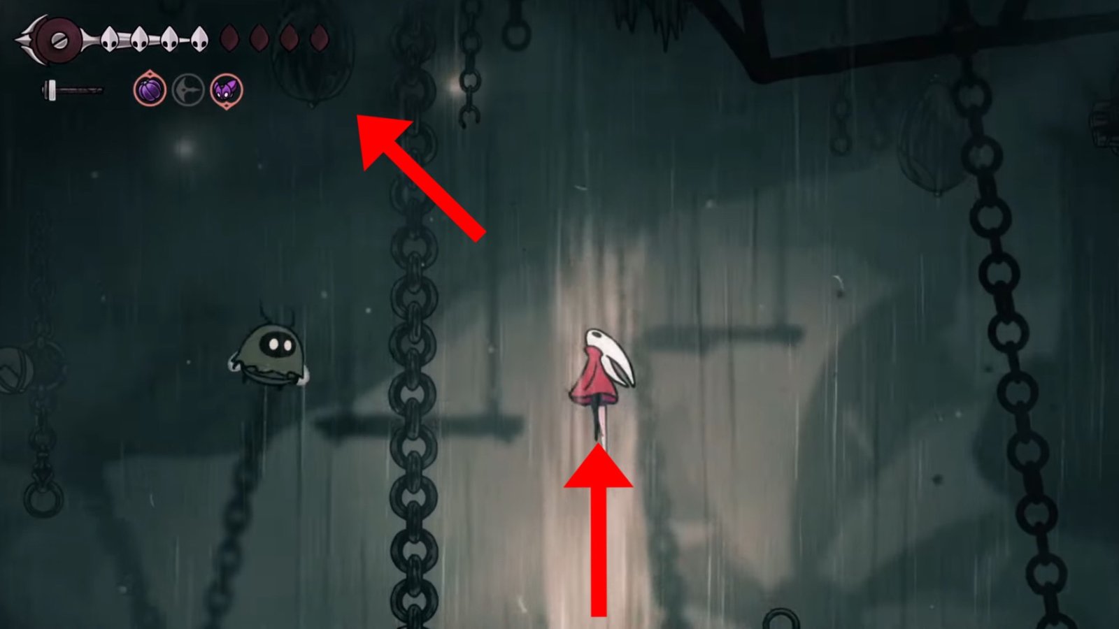 Hollow Knight: Silksong screenshot featuring Hornet hovering up the air vent, to the top left.
