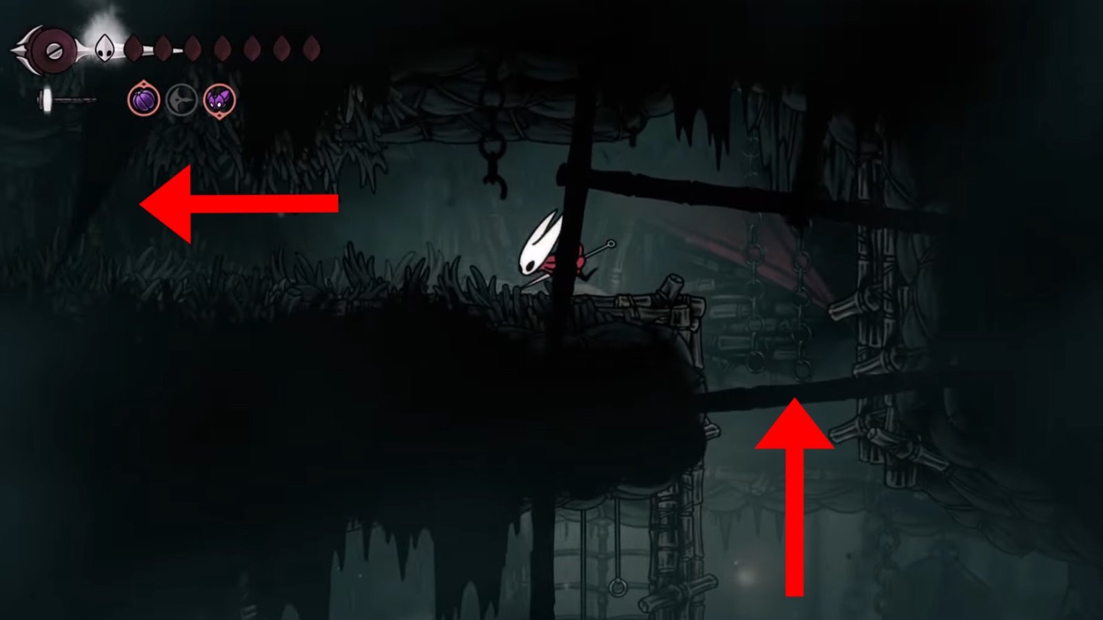 Hollow Knight: Silksong screenshot featuring Hornet heading left to a new area in a dark pathway.