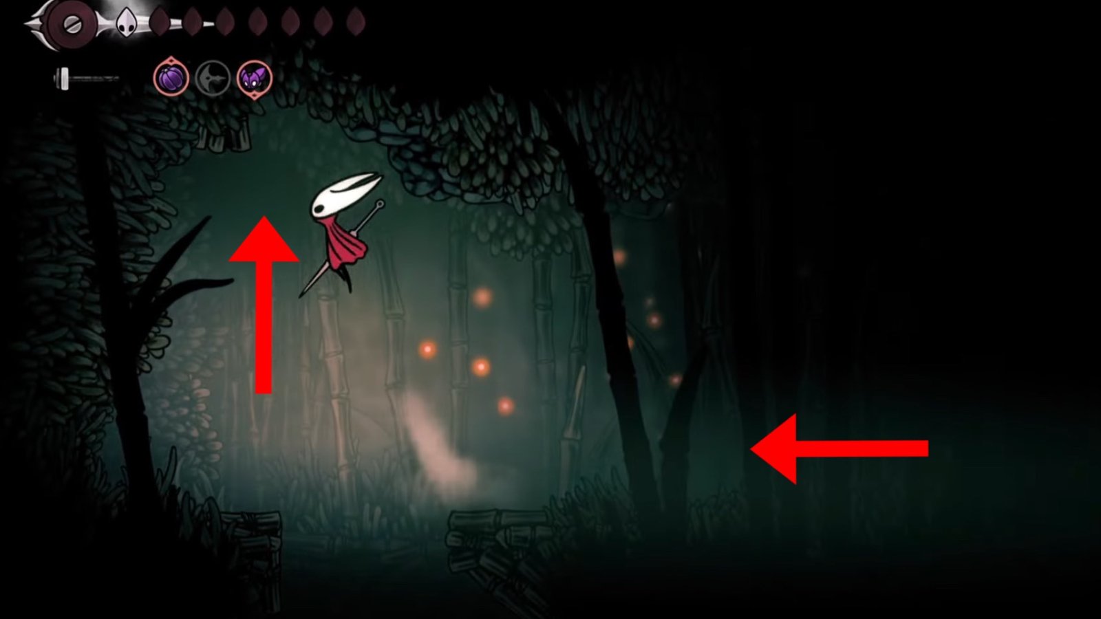 Hollow Knight: Silksong screenshot featuring Hornet jumping up through a ceiling opening.