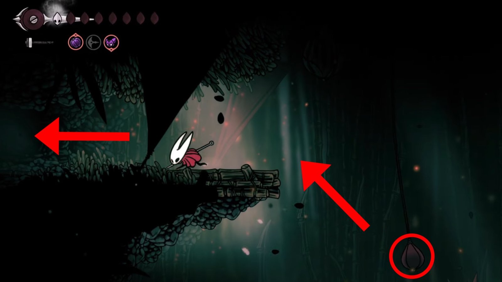 Hollow Knight: Silksong screenshot featuring Hornet heading left to the Wisp Thicket entrance.