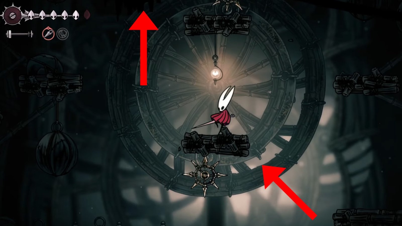 Hollow Knight: Silksong screenshot featuring Hornet at the giant wheel with spiked wheels attached on it.