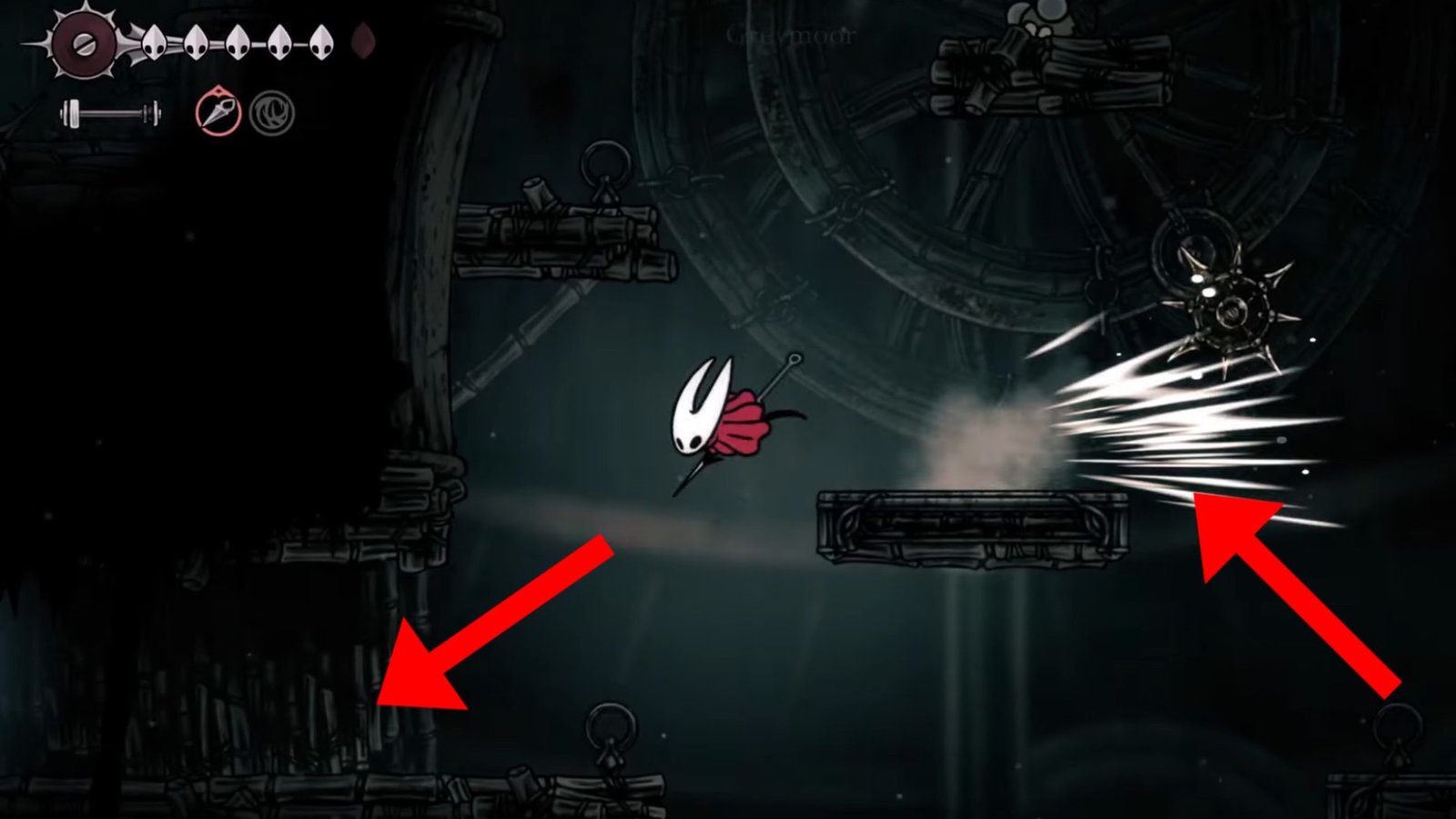 Hollow Knight: Silksong screenshot featuring Hornet dashing from the second giant wheel.