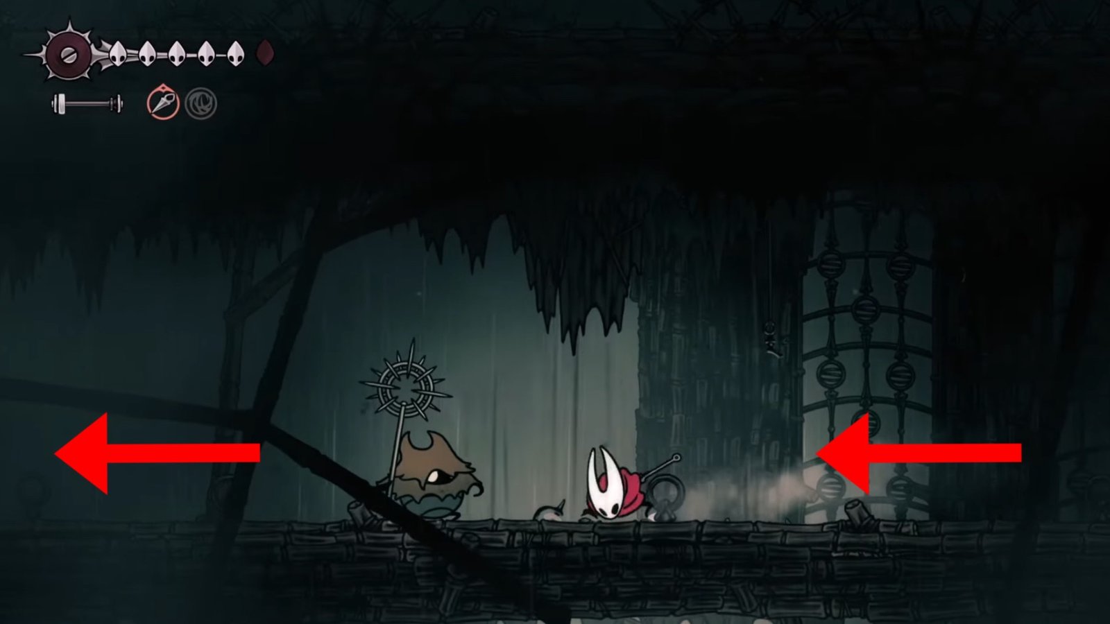 Hollow Knight: Silksong screenshot featuring Hornet fighting an enemy with a spiked weapon.