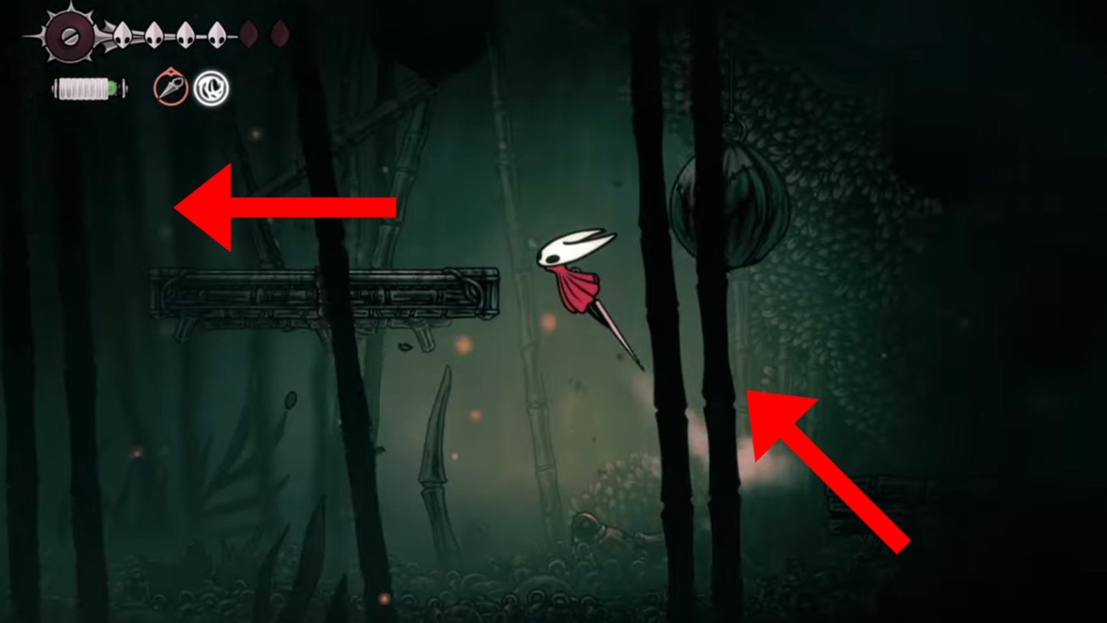 Hollow Knight: Silksong screenshot featuring Hornet jumping onto a platform at the top left.