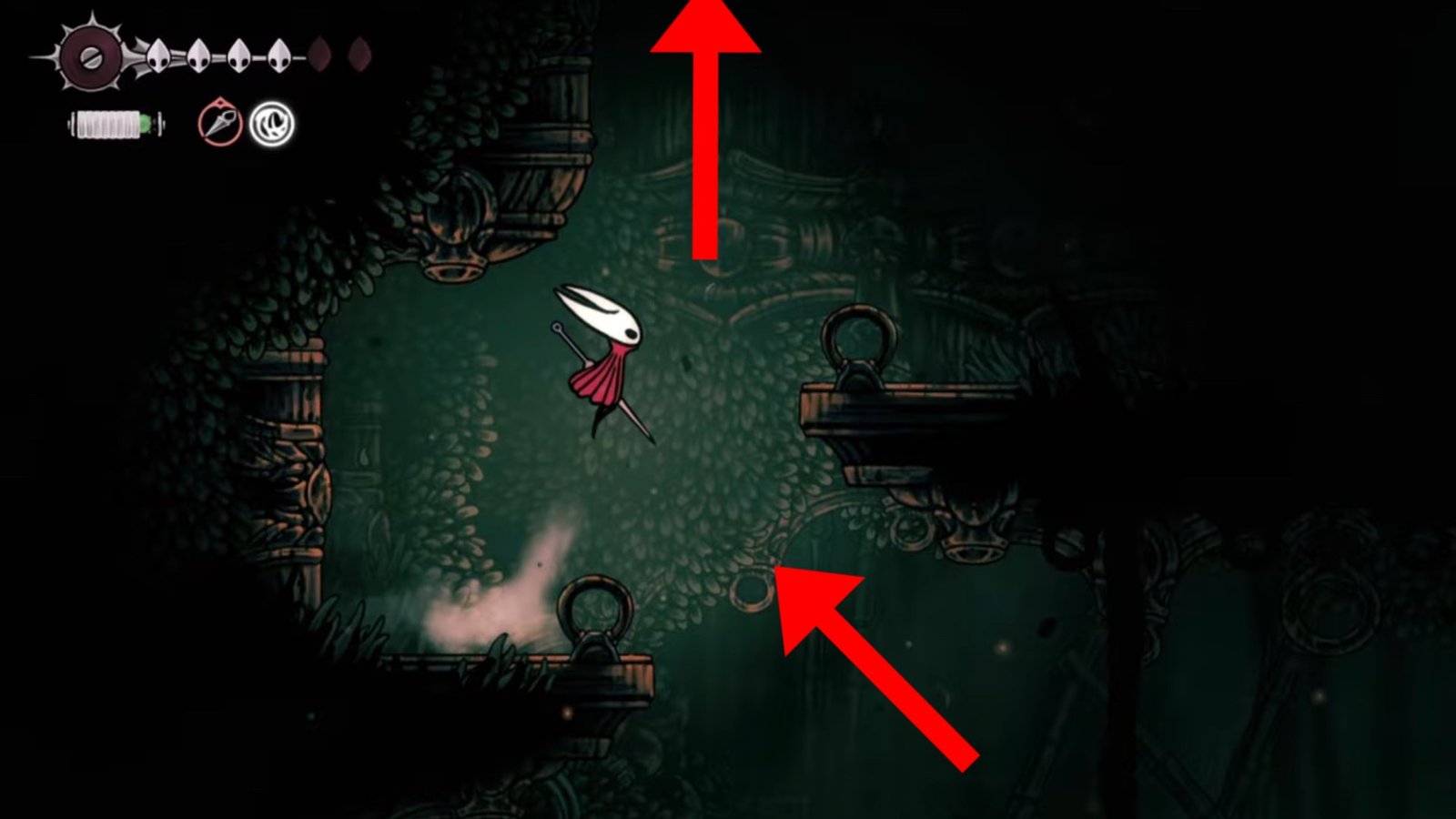 Hollow Knight: Silksong screenshot featuring Hornet jumping onto a platform on the right.
