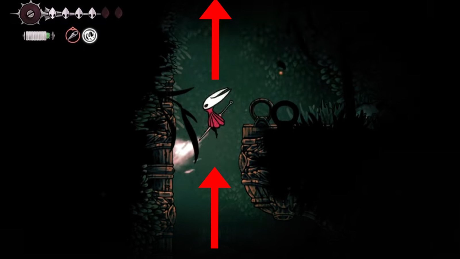 Hollow Knight: Silksong screenshot featuring Hornet climbing up a narrow opening to the blockage above.