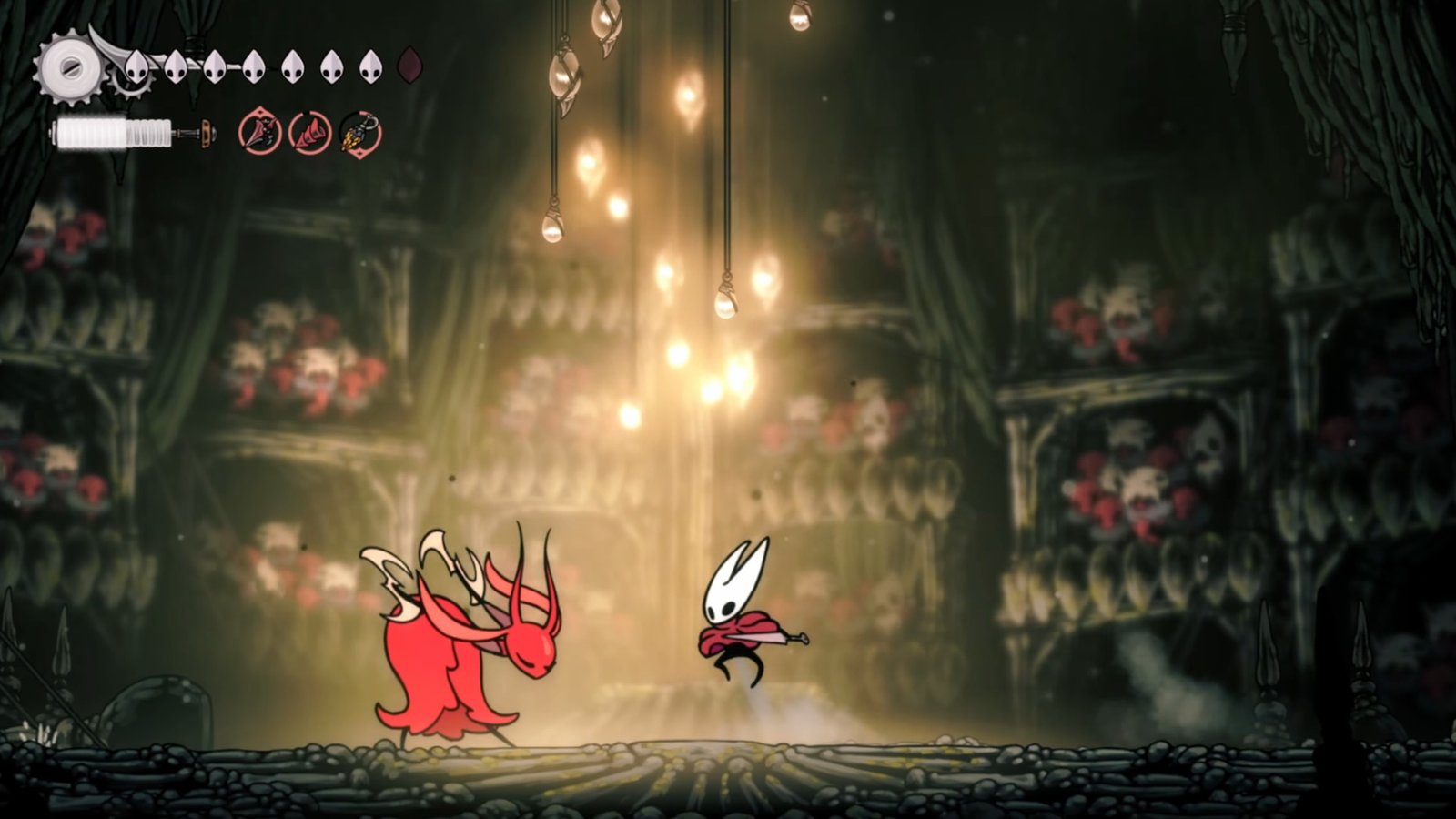 Hollow Knight: Silksong screenshot featuring Hornet fighting Skarrsinger Karmelita.